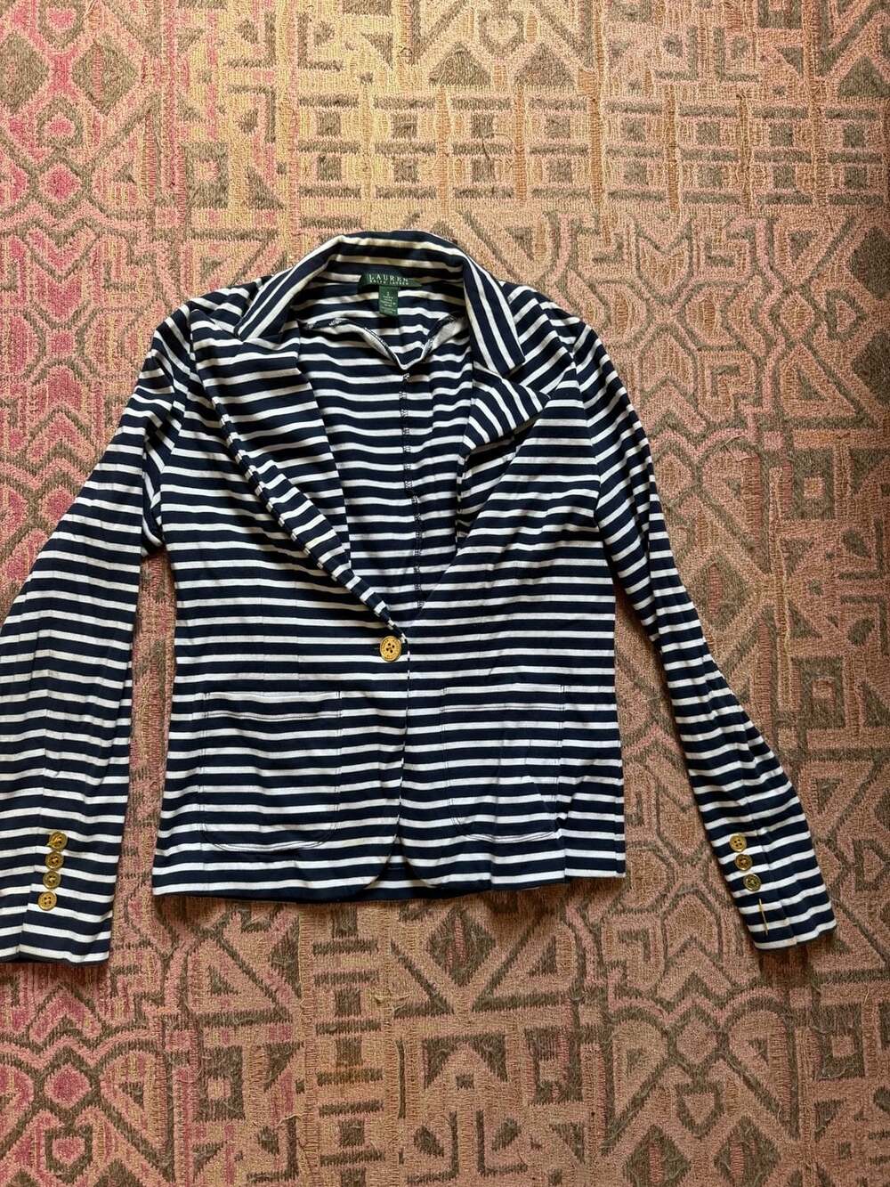 Lauren Ralph Lauren Navy Blue and White Striped Knit Blazer Size S